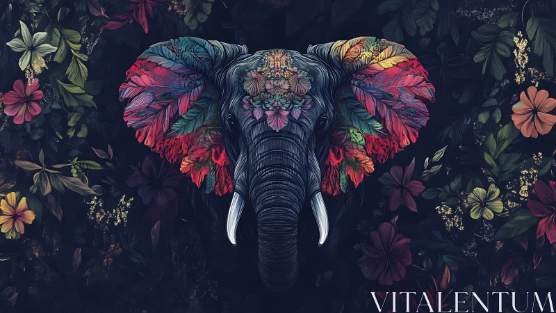 Floral elephant portrait merges wildlife form with vivid botanicals.