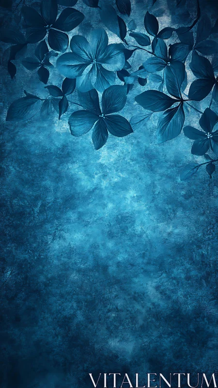 Monochrome cyan floral canopy over textured gradient field.