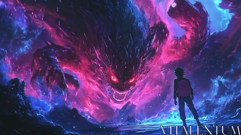 Lone teenager confronts colossal neon cosmic demon