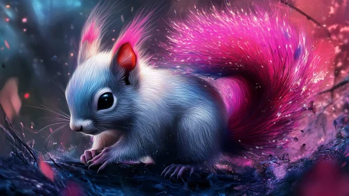 Luminescent neon-tailed squirrel glows in an enchanted forest