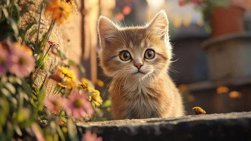 Fluffy Kitten with Amber Eyes Among Garden Flowers