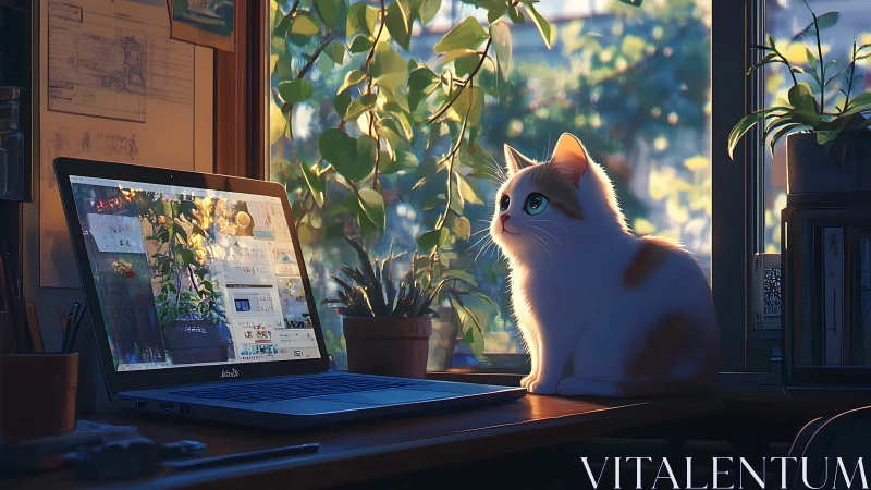 A White Cat's Peaceful Moment at Sunset by the Window