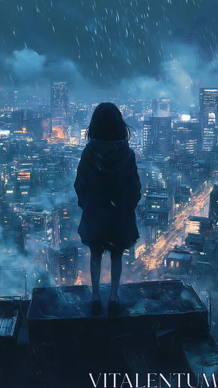 Rain-soaked rooftop silhouette above neon urban skyline at night.