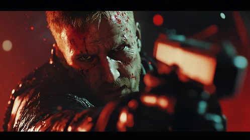 Battle-scarred gunman locks aim under neon red glare.