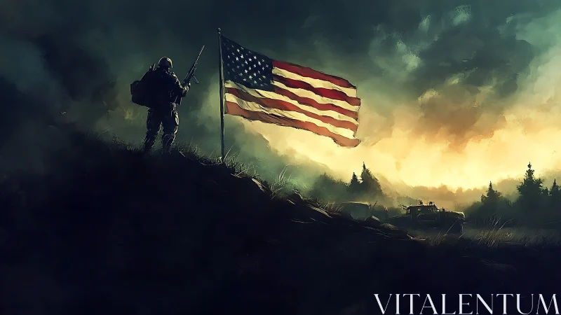 US soldier silhouette with flag in storm-lit battlefield sky.