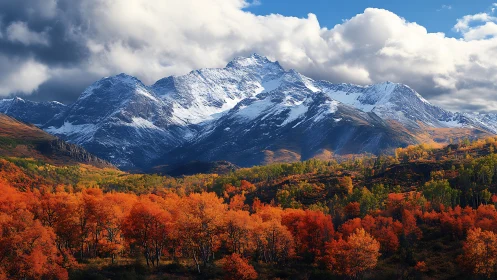 Crimson forest meets tranquil snowcapped mountain giants.