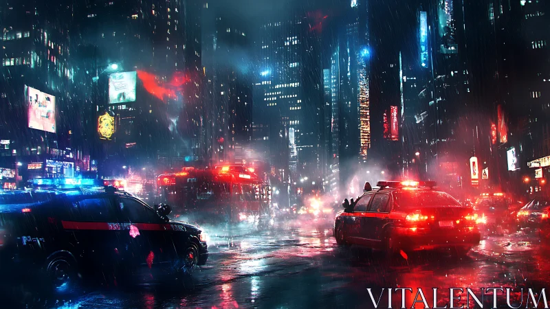 Nighttime city street with police cars in heavy rain.