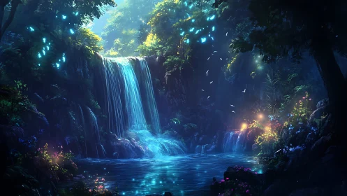 Bioluminescent Cavern Waterfall with Glowing Flora
