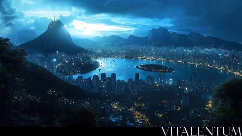 Moonlit coastal city glows gently between sea and mountains