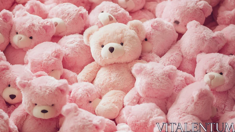 Soft beige teddy among pastel pink plush crowd.
