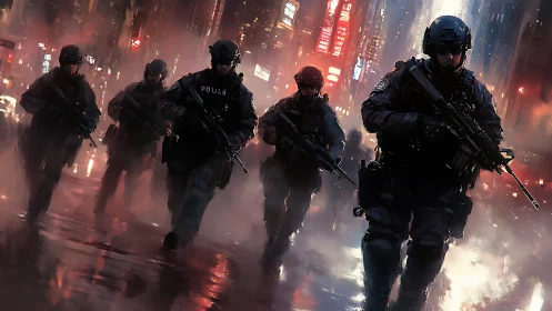 Tactical police squad advances through neon city rainstorm.