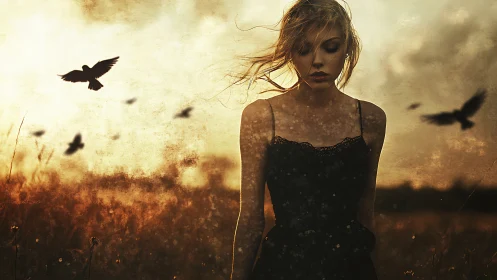 Solitary woman stands in field as dark birds cross sky