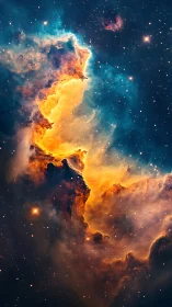 Stellar nebula cloudscape in vibrant cyan and golden fire.