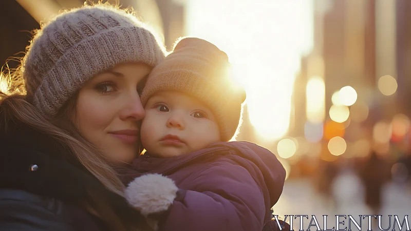 Woman holds infant outdoors in backlit winter city scene