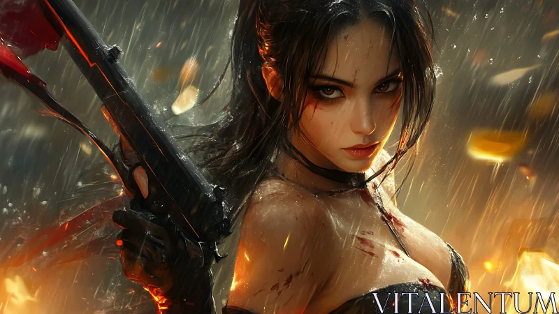 Gunwoman warrior under rain amid firelit battlefield.