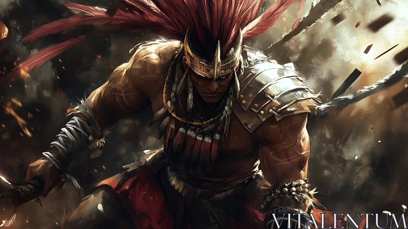 Fierce warrior strides through swirling embers and battle smoke.