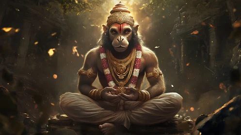 Divine simian sage meditates in jeweled temple twilight.