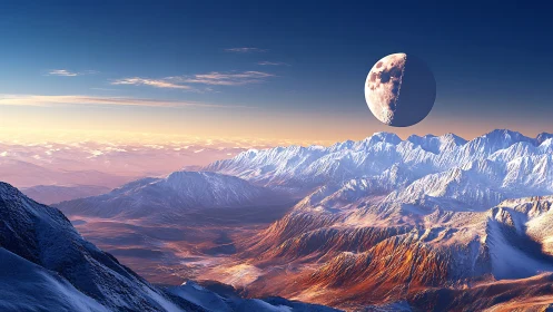Lunar body over illuminated mountain range at dusk period.