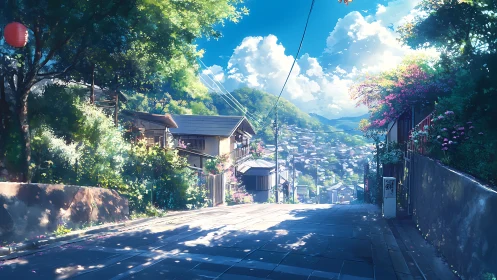 Anime hillside streetscape with luminous summer foliage rendering.