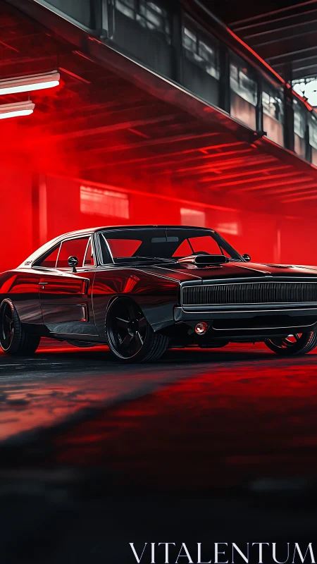 Black muscle car in red lit industrial garage scene.