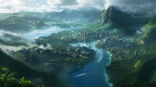 Fantasy Valley City Nested Between Misty Mountains