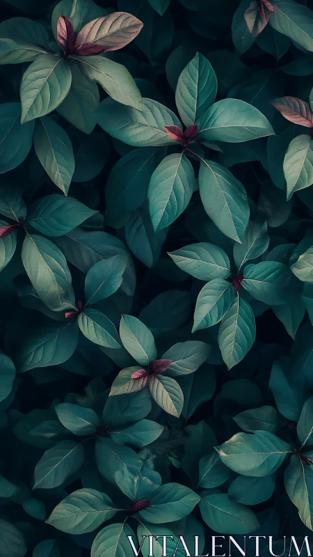 Moody teal foliage with subtle red leaf tips in soft focus