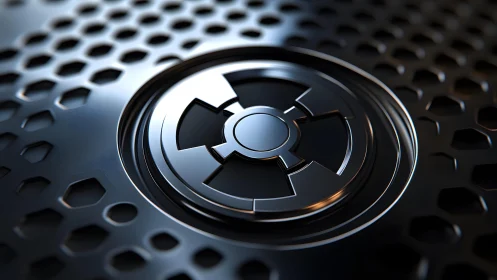 Futuristic Metallic Emblem on Hexagonal Patterned Surface.
