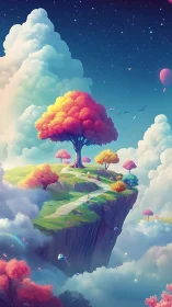 Floating cliff plateau with chromatic trees beneath starry sky