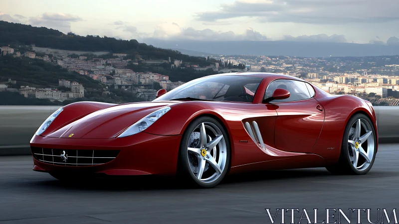 Red Ferrari sports car on highway with city backdrop.