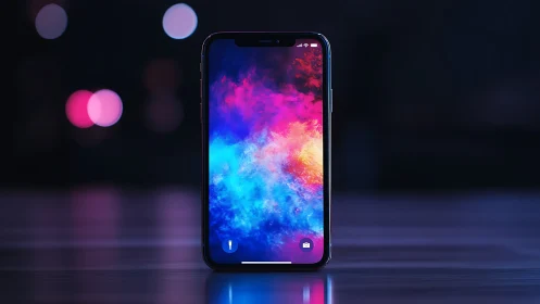 Smartphone displaying vibrant gradient wallpaper with cosmic palette.