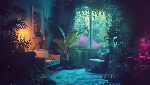 Neon jungle lounge where houseplants drink moonlight.