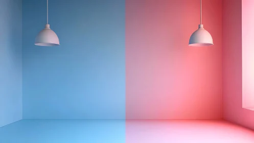 Bicolor minimal room with symmetric pendant lamps and split lighting