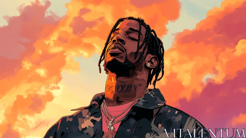 Stylized portrait of male figure under vivid sunset clouds.