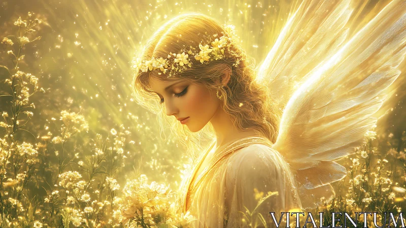 Sunlit meadow angel wrapped in golden quiet radiance.