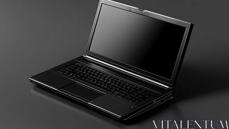 Sleek black laptop on dark reflective studio surface.