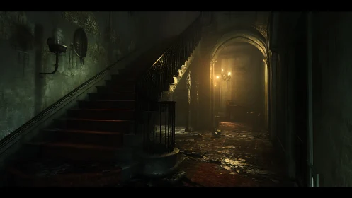 Moody digital corridor with decayed stairwell composition.