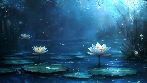Nocturnal waterlilies in luminous blue wetland tableau.