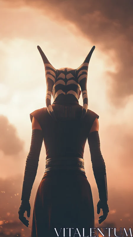 Alien warrior silhouette confronts blazing storm horizon.