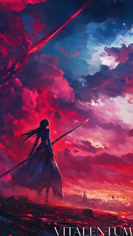 Sword-wielding figure stands under intense red storm sky