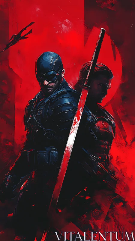 Dual armored vigilantes with katana in high-contrast red field.