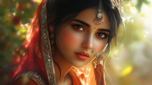 Digital portrait of woman in red dupatta with jewelry.