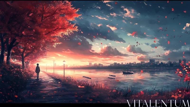 Sunset river walk under crimson autumn city skies.