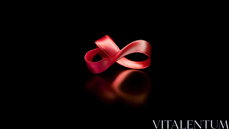 Luminous red satin loop poised on reflective black surface.