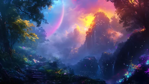 Luminous twin-moon valley where neon waterfalls whisper.