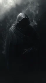 Mysterious hooded figure emerging from swirling shadowed mist.