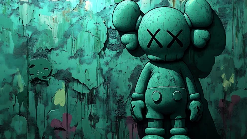 Teal sculpted figure against distressed textured wall background.