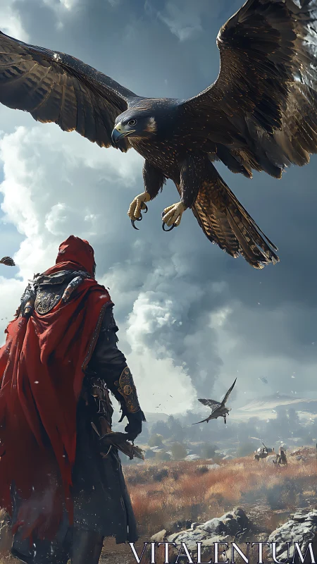 Cloaked wanderer confronts descending eagle in stormy skies.