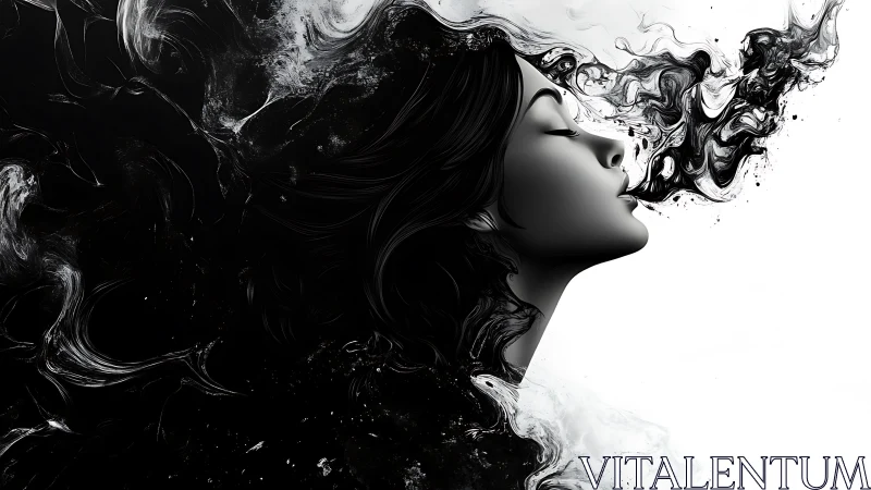 Ink-swept profile of serene woman dissolving into smoke.