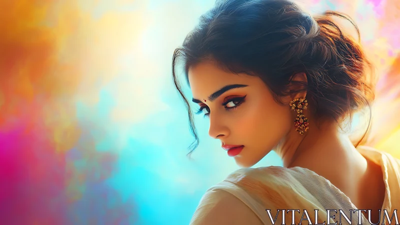 Soft gaze of an elegant woman glows in vibrant color haze