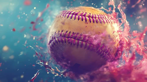 Soaked baseball spins through vivid pink liquid splash